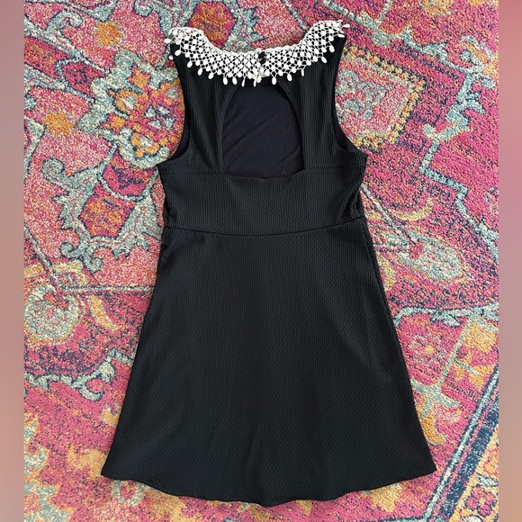 Free People | Womens Black Mini Dress Cream Crochet Peter Pan Collar Open Back M - Picture 8 of 16